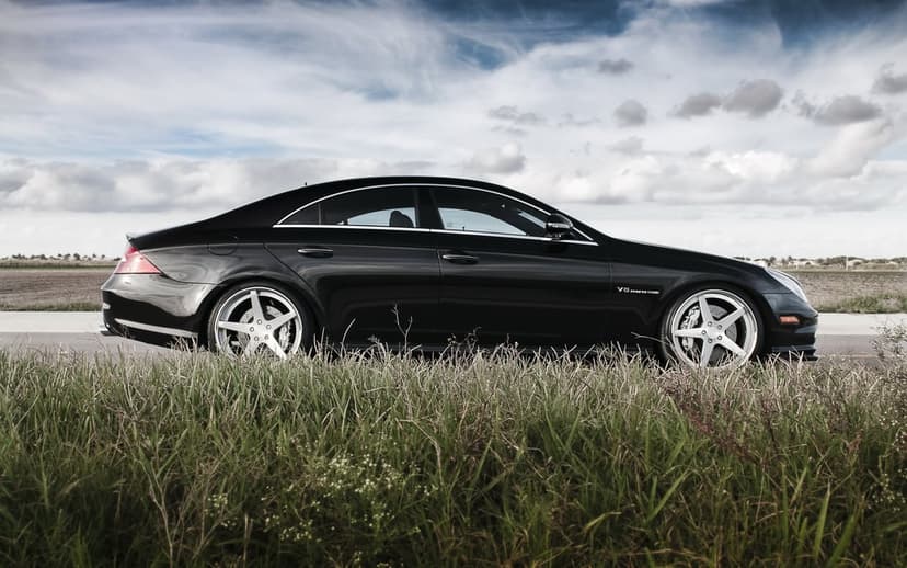Black Mercedes-Benz CLS sedan with silver wheels in tall grass under a cloudy sky for desktop background.