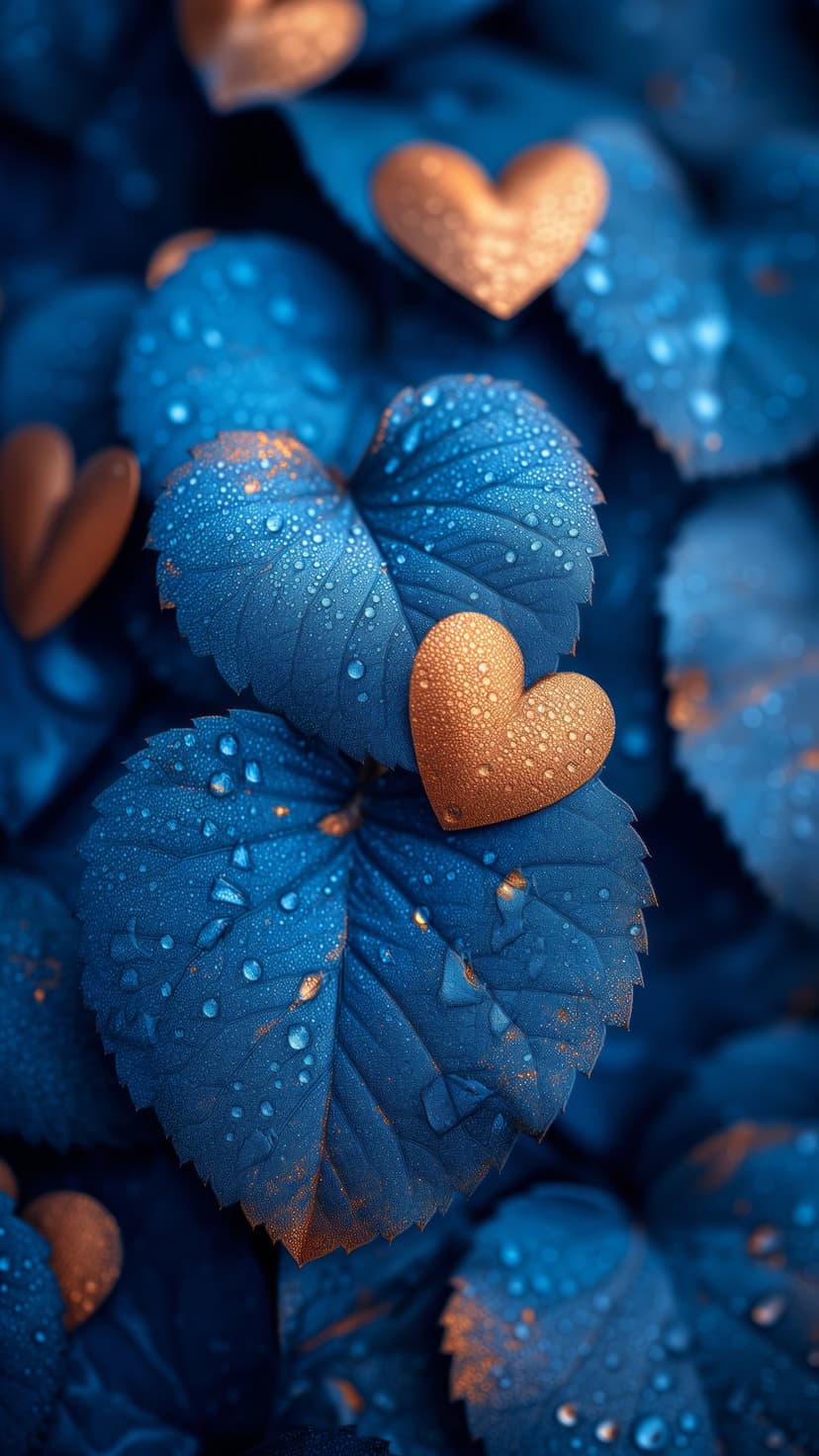 Golden heart charms resting on vibrant blue leaves covered in glistening water droplets for a macro view.