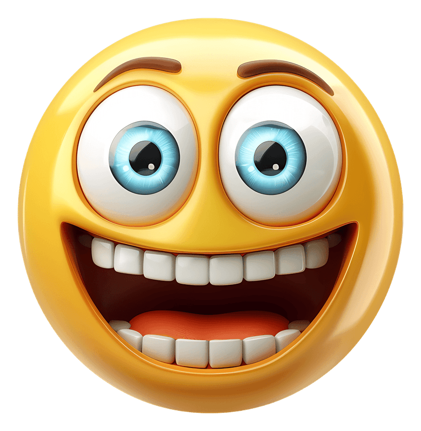 Yellow smiley face emoji with a large open mouth and black eyes set against a transparent background.