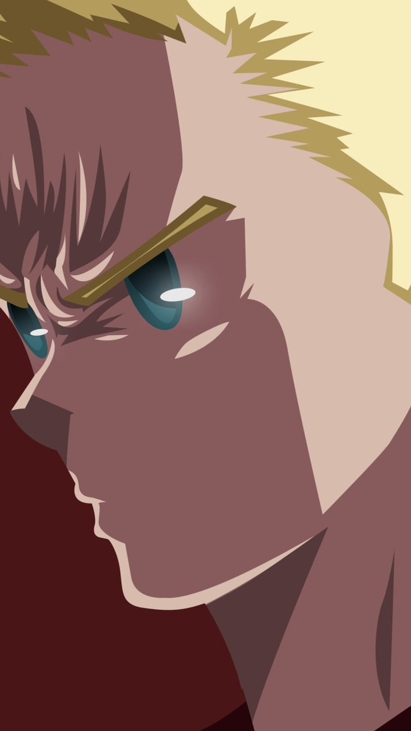 Mirio Togata with spiky blonde hair and blue eyes gazes forward against a yellow and dark red background.