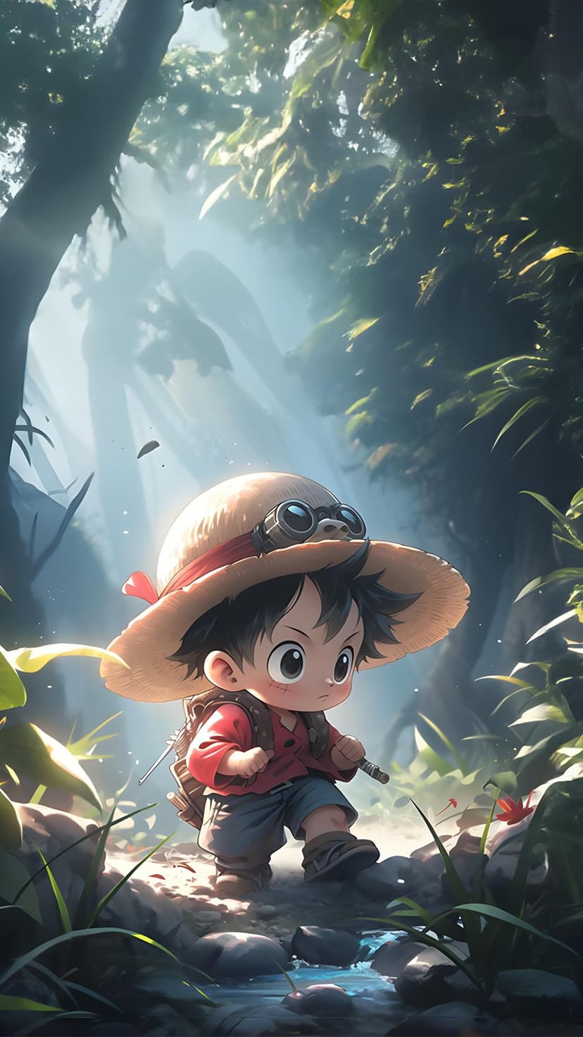 Anime boy with a straw hat and backpack walks across a mossy jungle path near a small stream with soft sunlight.