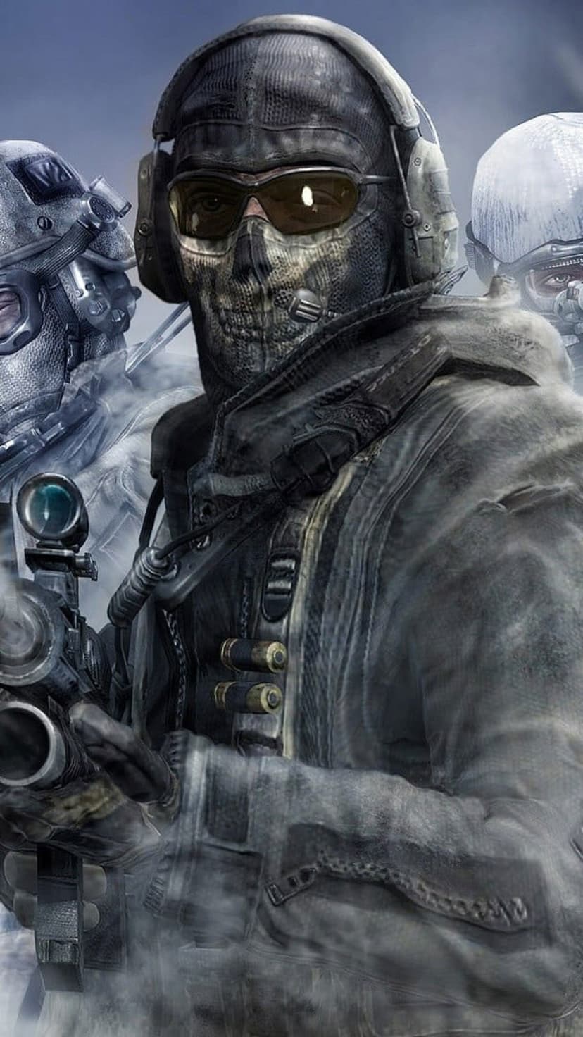 Simon Ghost Riley wearing a skull balaclava and winter tactical gear while holding a scoped sniper rifle.