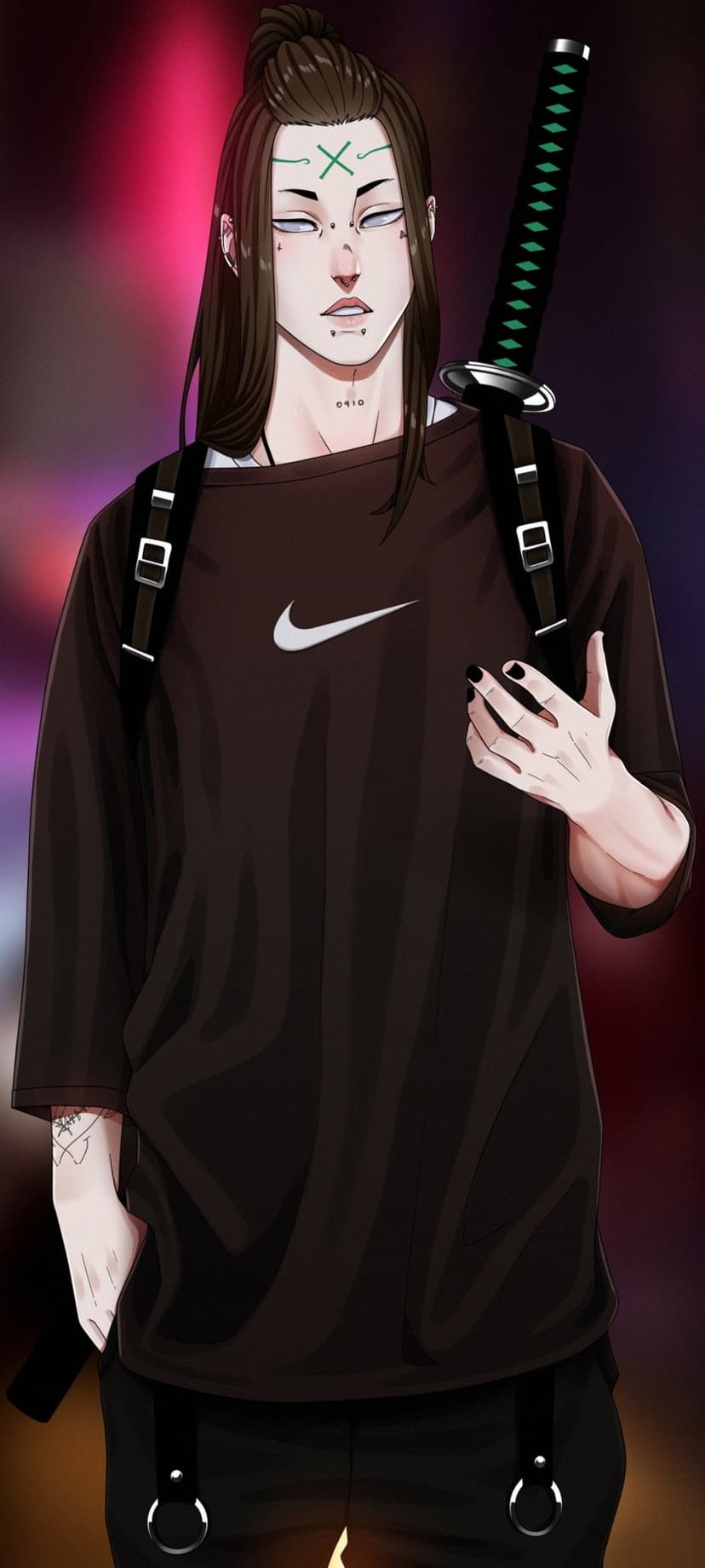 Anime male with brown bun, green facial markings, and a katana over a brown Nike shirt against neon lights.