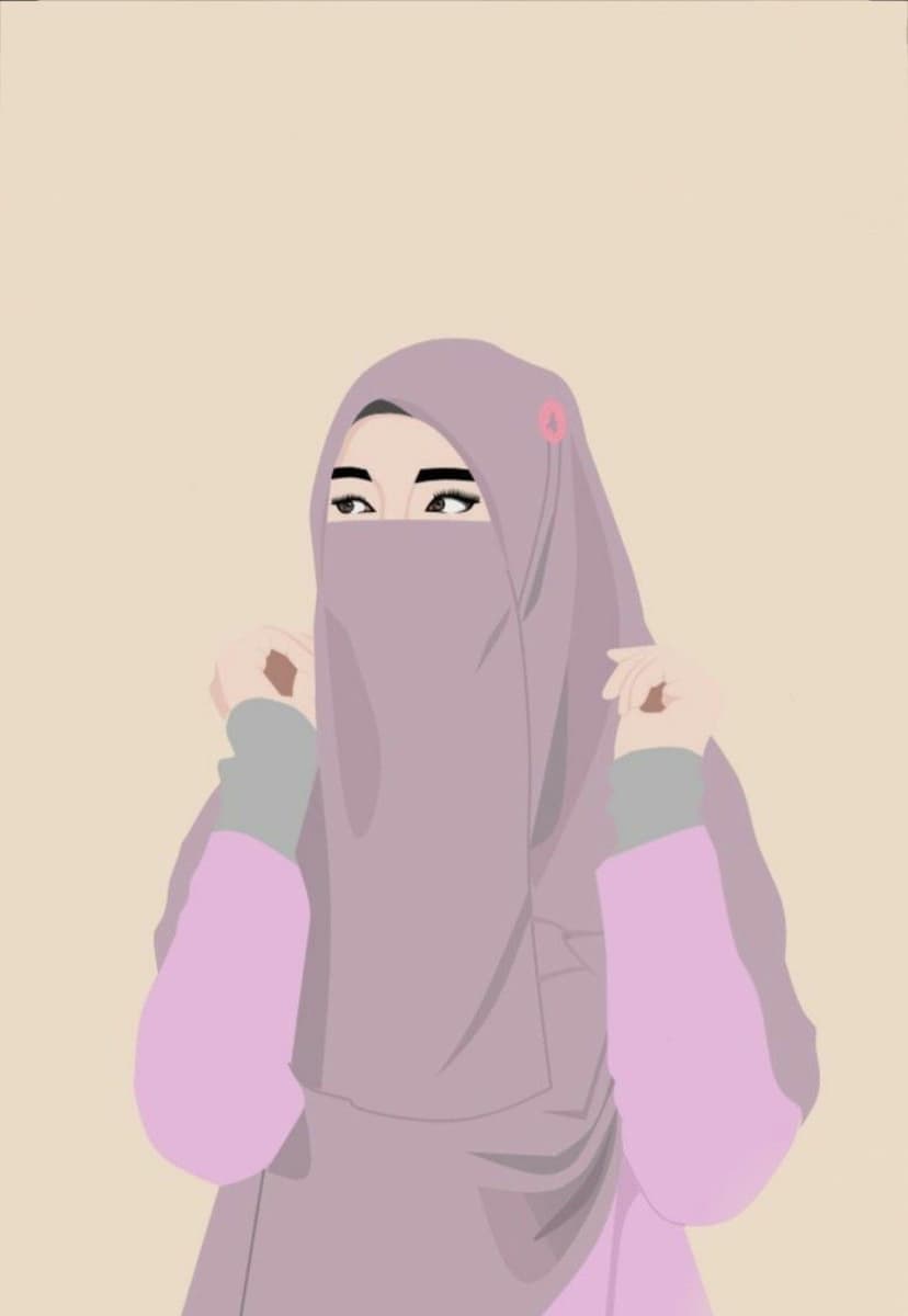 Muslim woman wearing a lilac hijab with a pink flower and matching niqab against a neutral beige background.