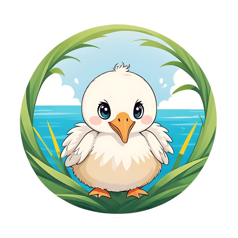 White duckling sticker illustration features large blue eyes and an orange beak in a pond with green reeds.