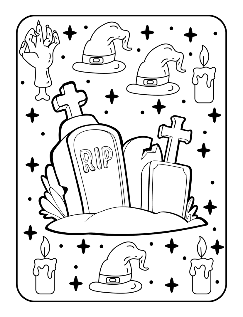 Halloween coloring page featuring black outline tombstones, witch hats, and lit candles in a graveyard scene.