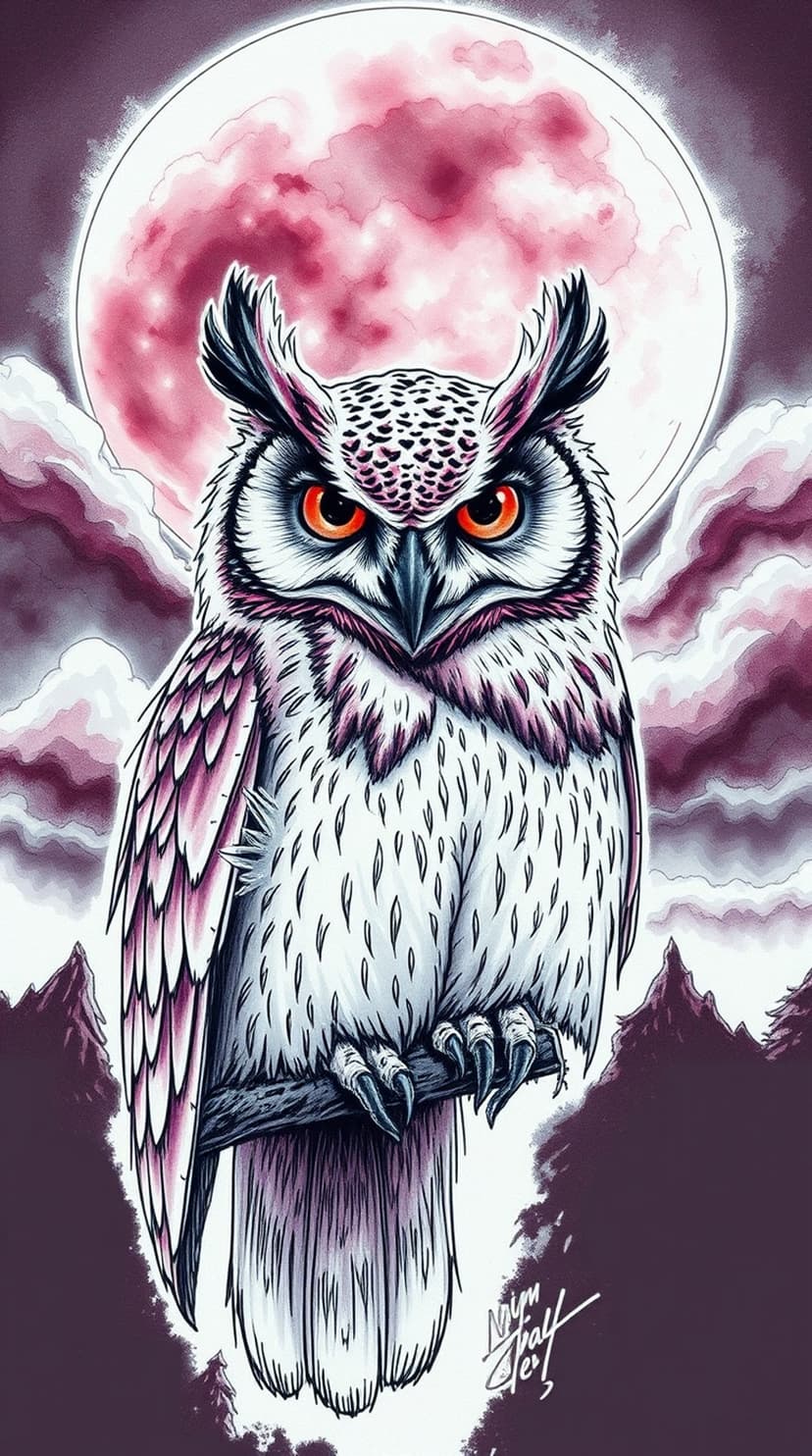 White owl with orange eyes perched on a branch against a giant pink moon and purple clouds in a dark forest.