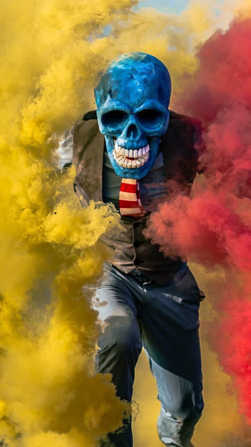 Blue skull masked person in a suit stands amidst swirling clouds of dense yellow and crimson smoke plumes.