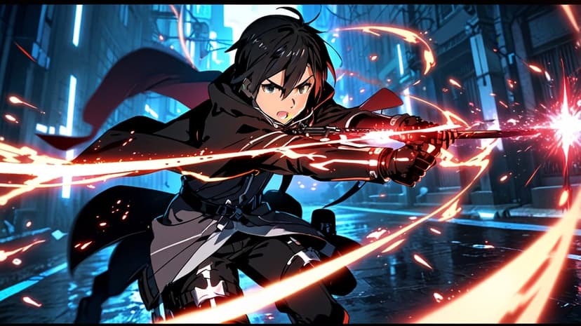 Dark-haired warrior holds a glowing red sword amid neon city lights and swirling energy effects in a dark scene.