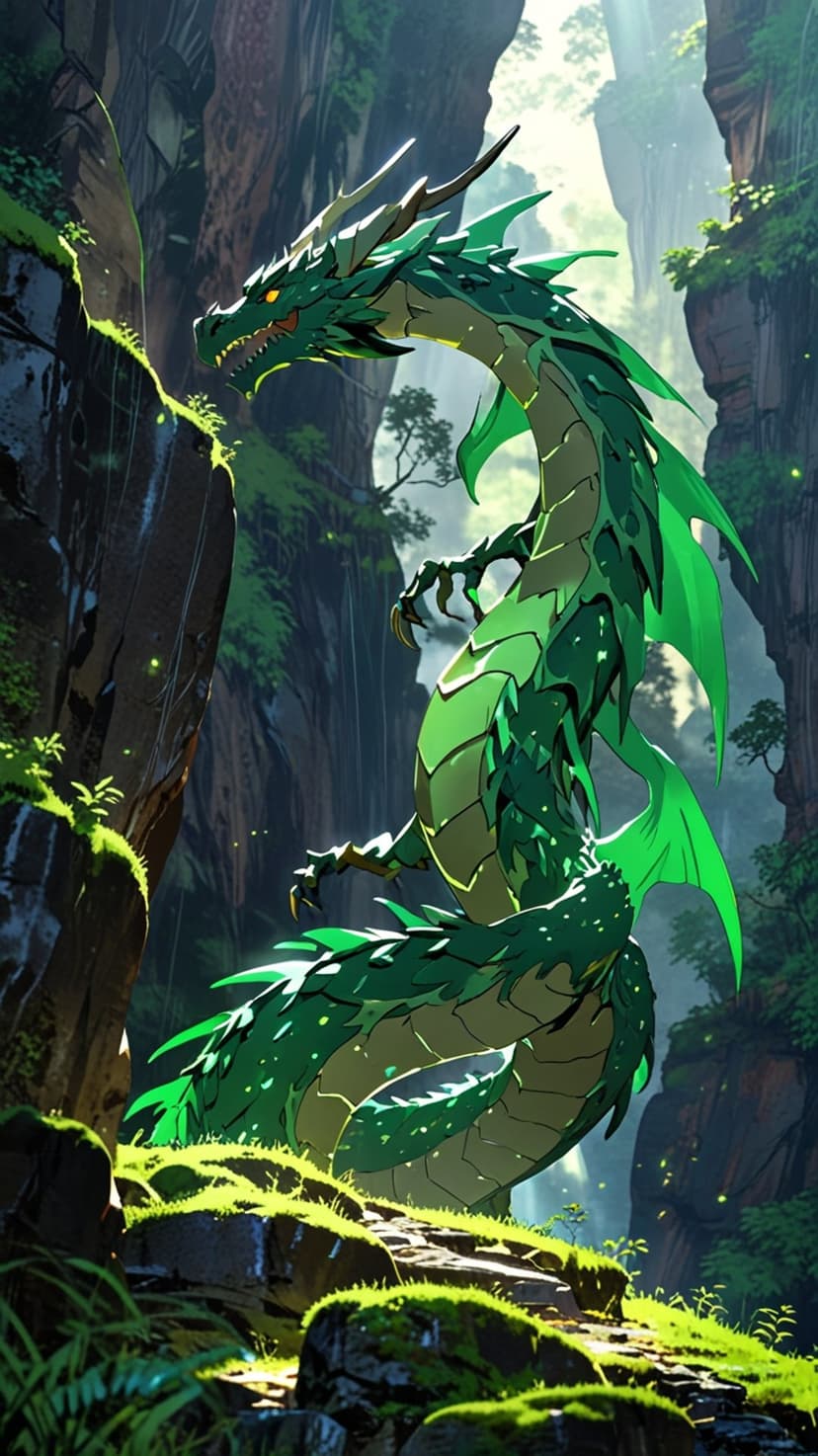 Emerald dragon with glowing scales rests on mossy rocks in a sunlit forest canyon surrounded by thick mist.