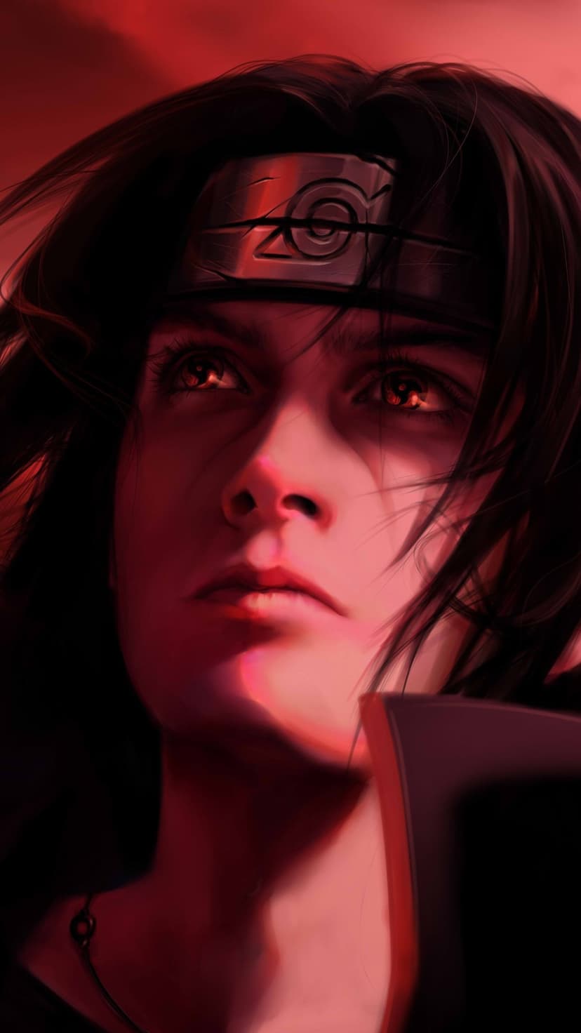 Itachi Uchiha with glowing red Sharingan eyes and a leaf village headband set against a dark, moody background.