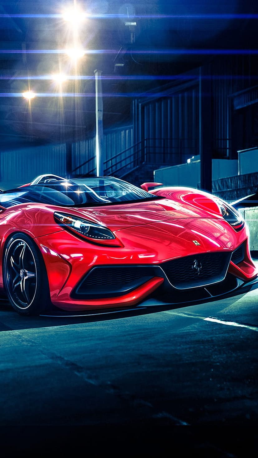 Red Ferrari convertible speeding on a dark racing circuit with glowing lens flares and industrial lighting.