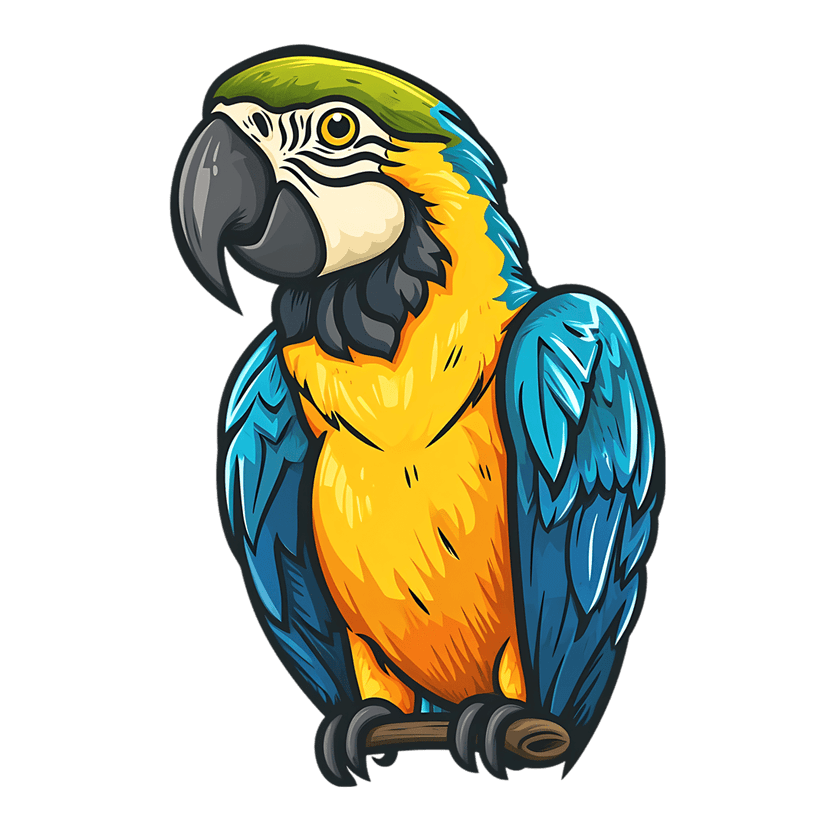 Blue and yellow macaw parrot illustration perched on a dark branch featuring bold outlines and vibrant plumage.