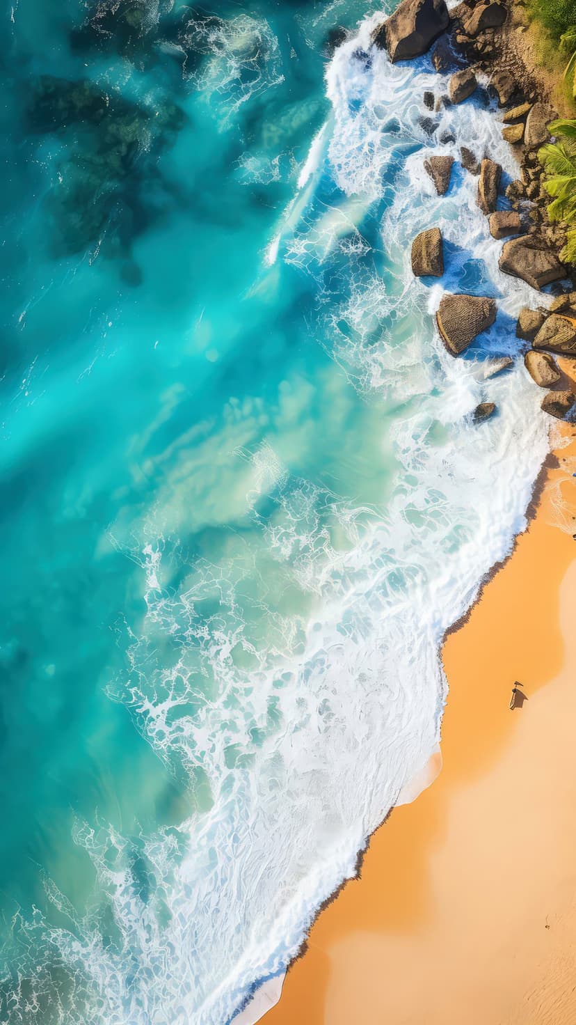 Turquoise ocean waves break over golden sand near lush green palm trees and dark coastal rocks from above.