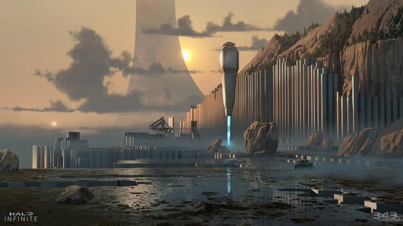 Sci-fi landscape with hexagonal pillars, a tall spire emitting blue light, and a massive ring in the hazy sky.