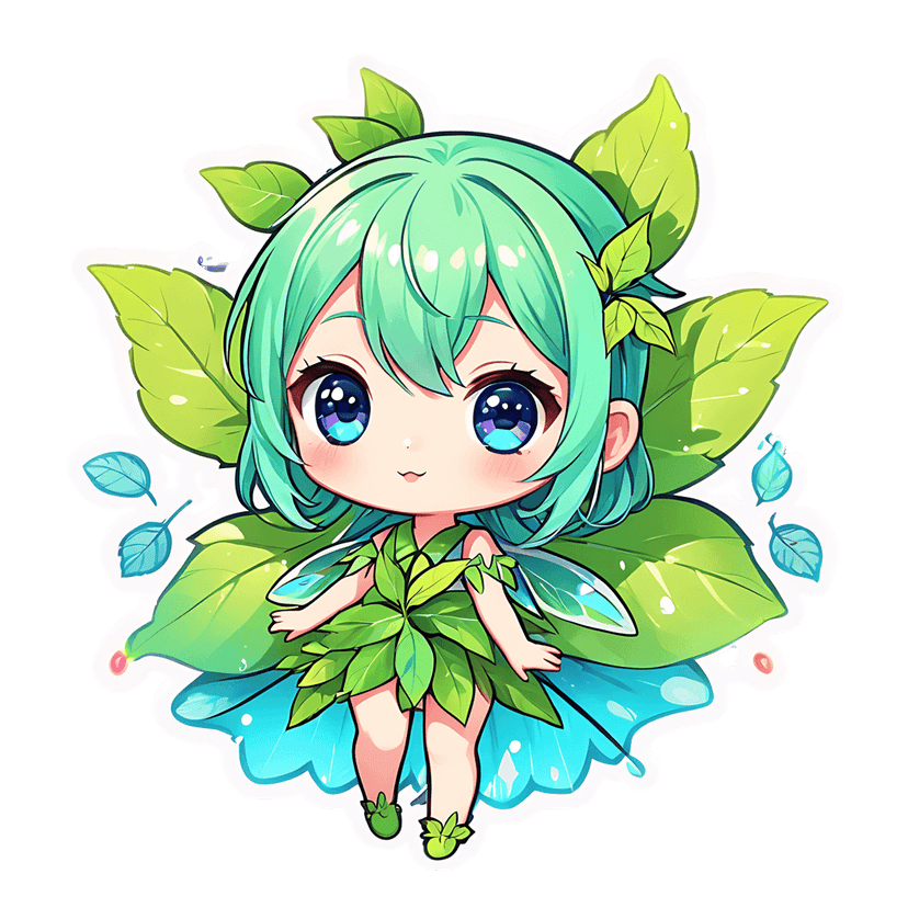 Chibi fairy sticker featuring green hair, leaf dress, and translucent blue wings on a black background.