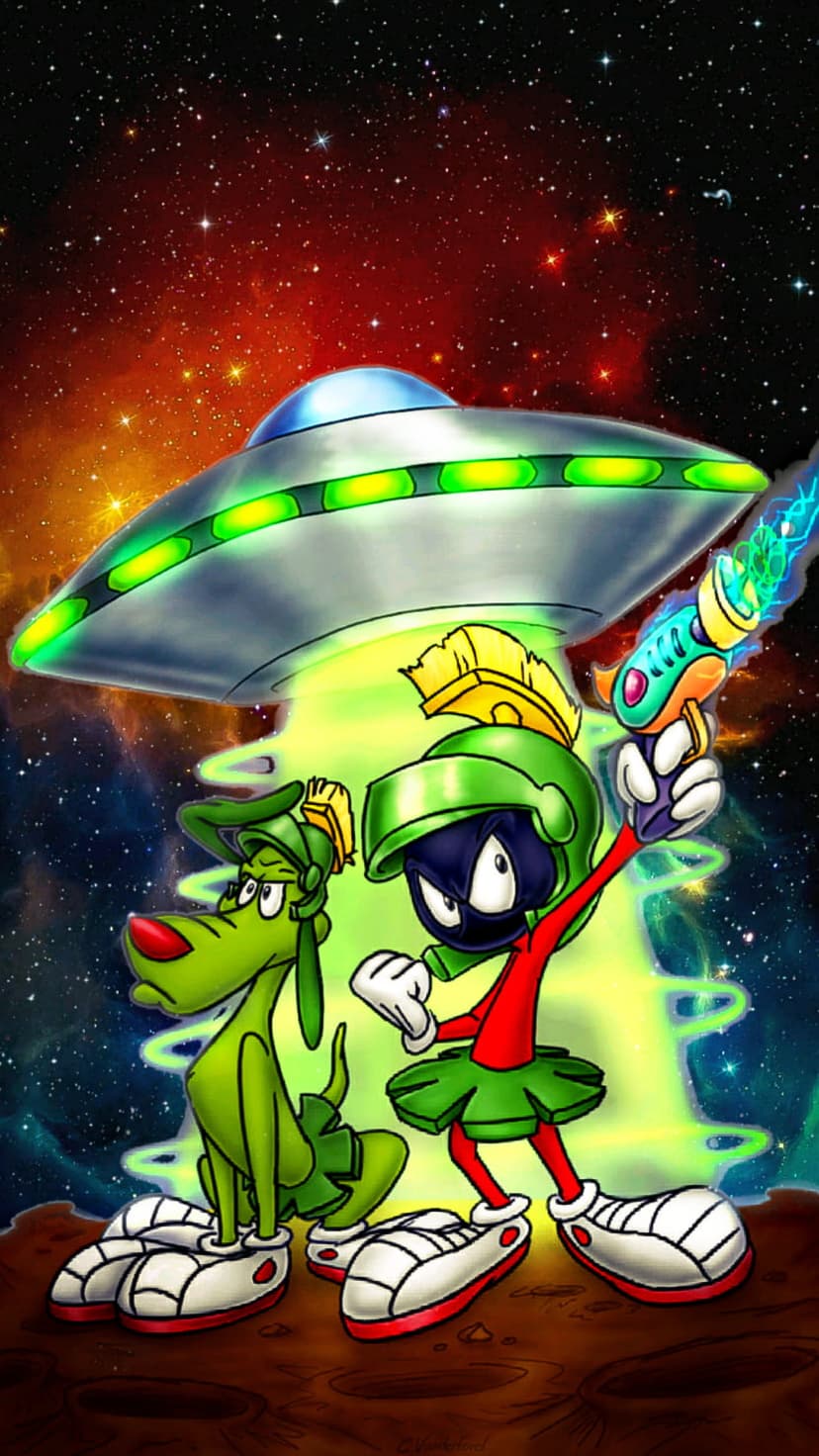 Marvin the Martian and K-9 stand on a rocky moon under a large UFO emitting a glowing green light ray.