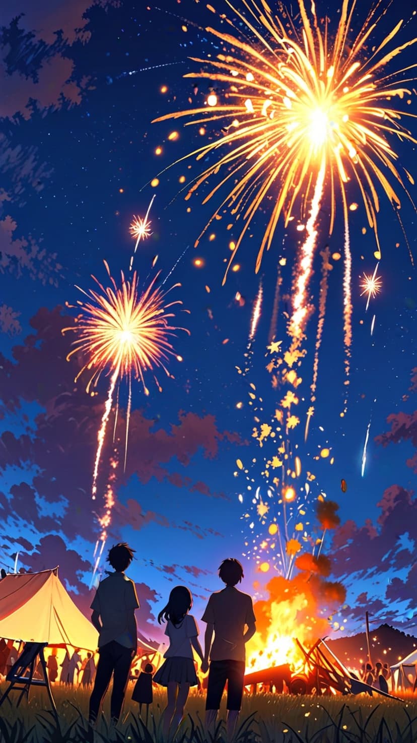Three silhouetted friends hold hands while watching a massive colorful fireworks display over a night festival.