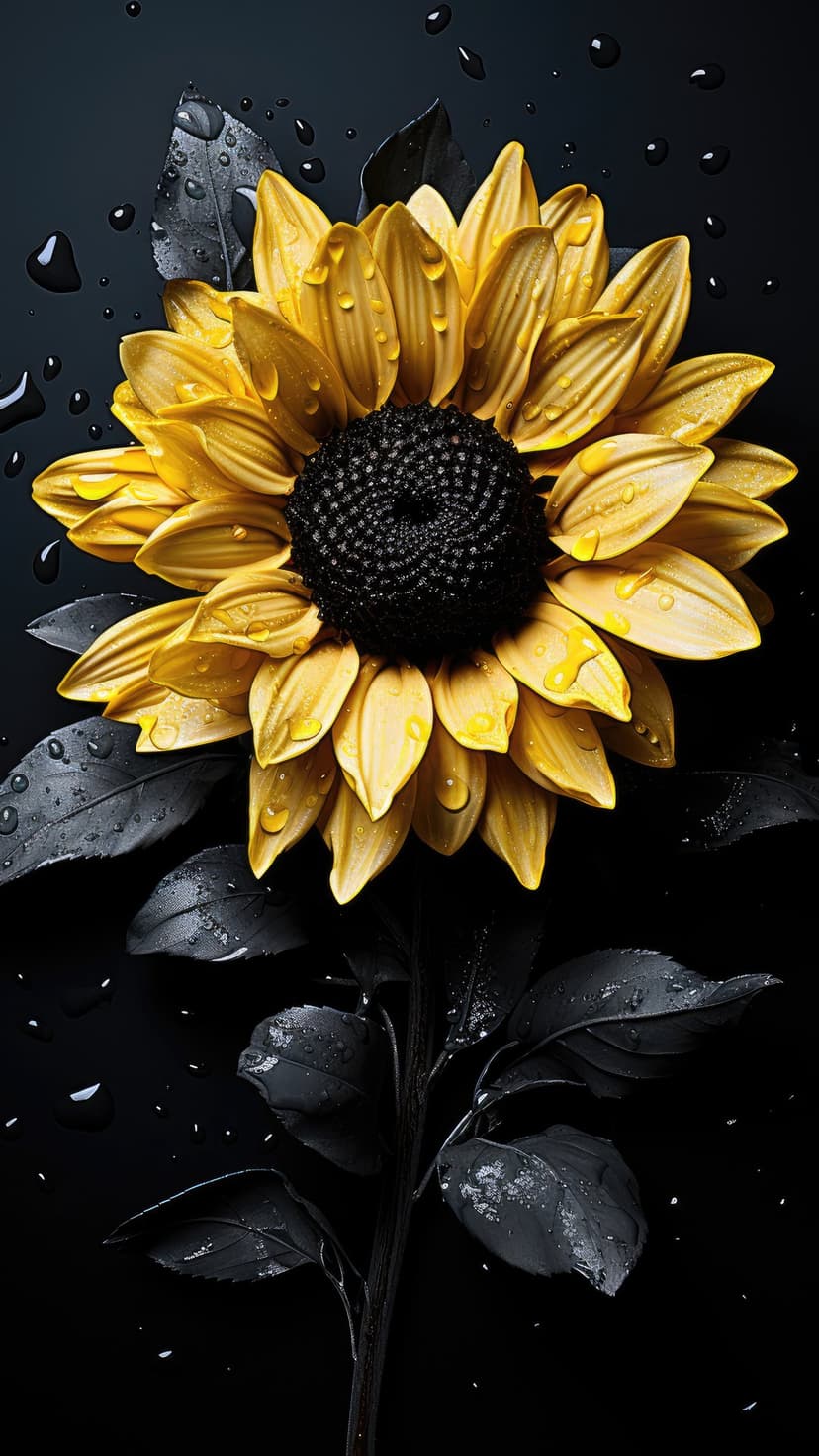 Yellow sunflower with glistening dew drops on its petals against a stark black background in macro detail.