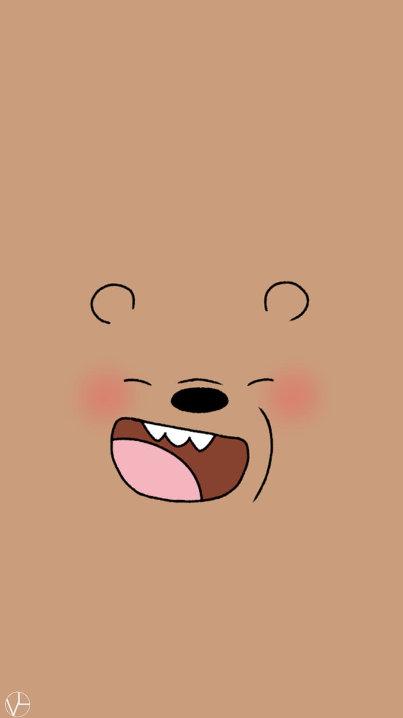 Grizzly bear face with a wide grin and pink cheeks centered on a solid brown background for mobile screens.