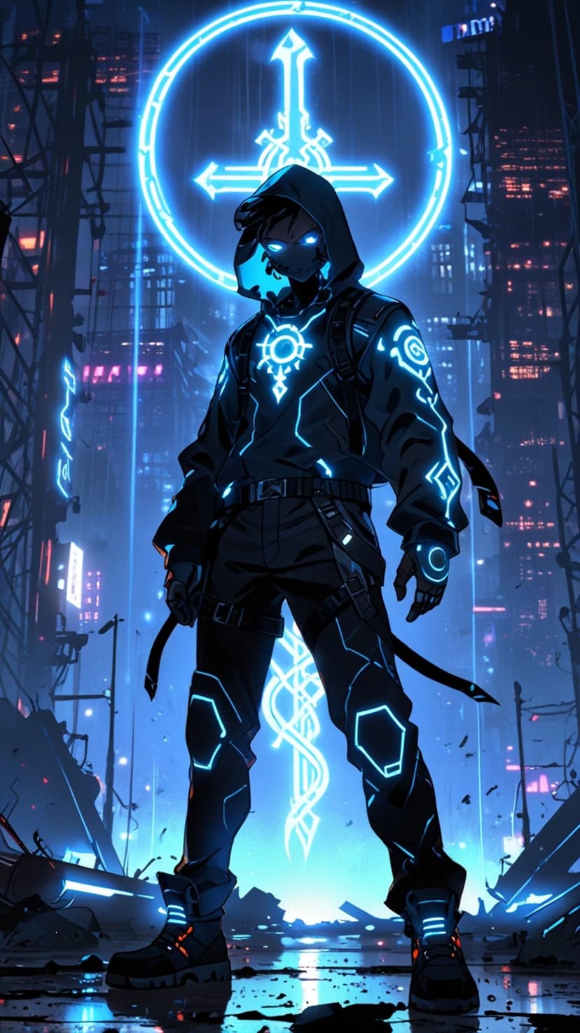Hooded cyberpunk warrior with blue glowing circuitry stands before a giant luminous sword icon in a neon city.