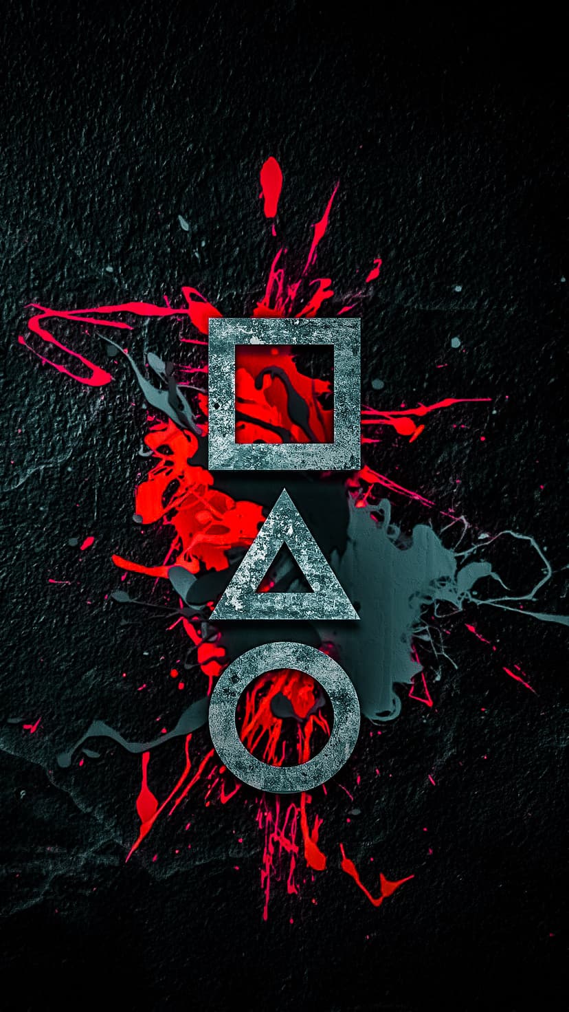 Circle, triangle, and square metallic shapes on a dark textured surface with red blood-like paint splatters.