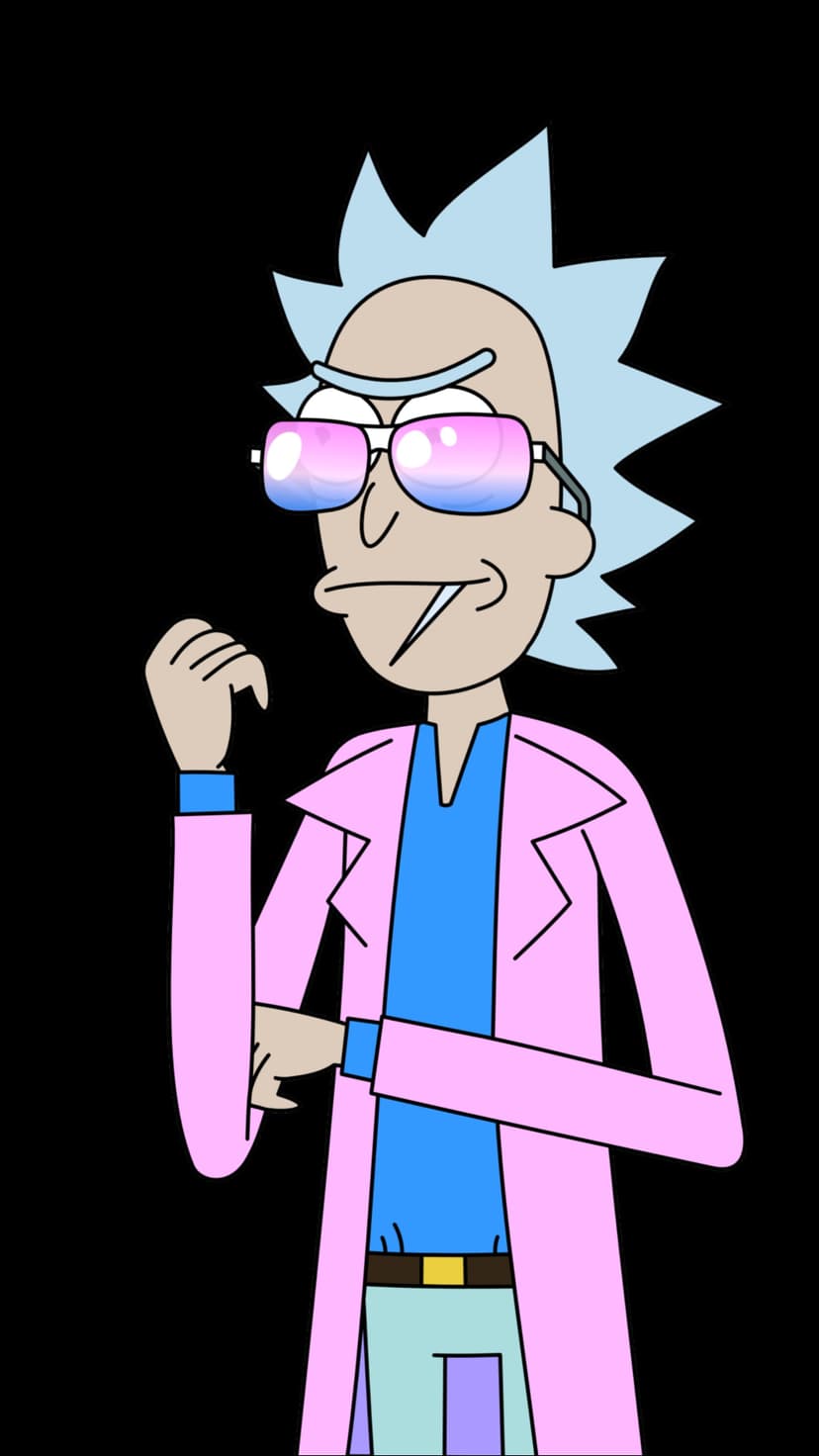 Rick Sanchez wearing a pink lab coat and reflective sunglasses against a black background with a hand raised.