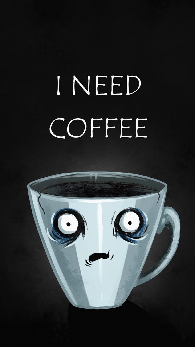 Tired coffee mug with cracked ceramic and bloodshot eyes beneath bold text reading I Need Coffee on black.