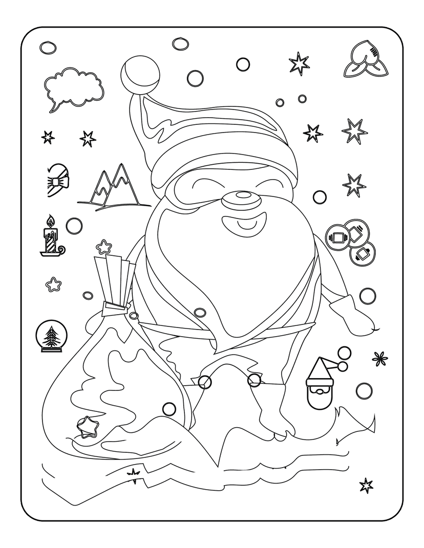 Santa Claus line art drawing featuring a sack of gifts, snow globe, and candle in a winter mountain scene.