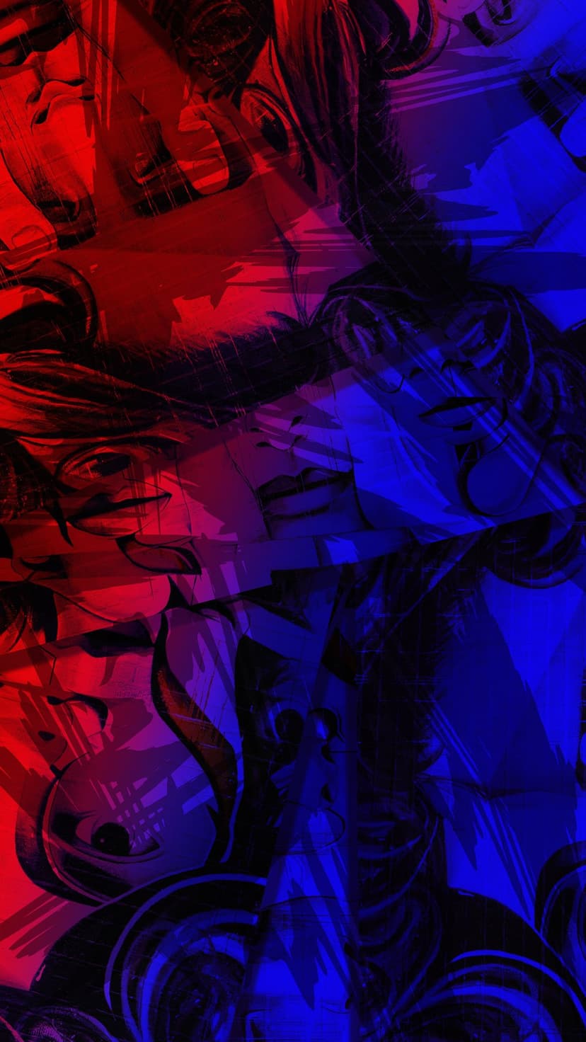 Overlapping human profiles with red and blue glitch distortion and sharp, fragmented digital artifacts.