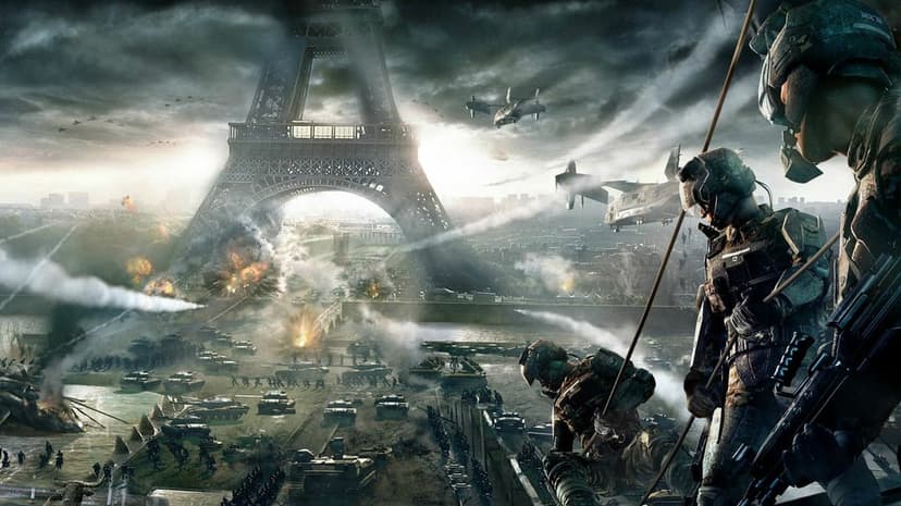 Soldiers rappel near the Eiffel Tower during a massive tank battle with explosions and helicopters in Paris.