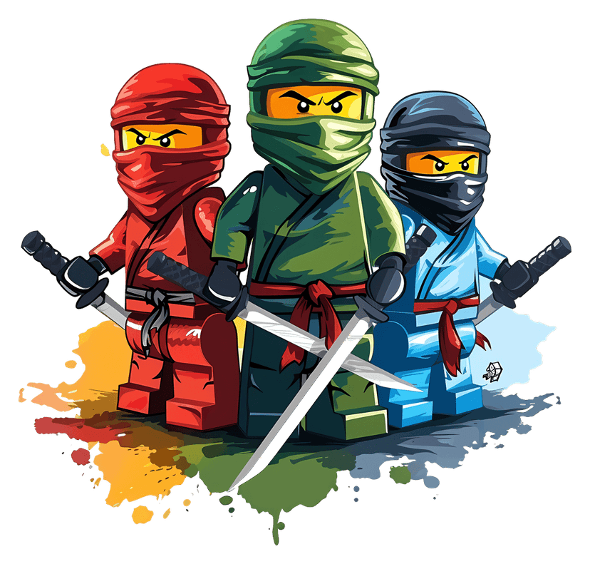 Lego Ninjago Ninjas in red, green, and blue plastic armor standing in a row with glossy 3D textures and swords.