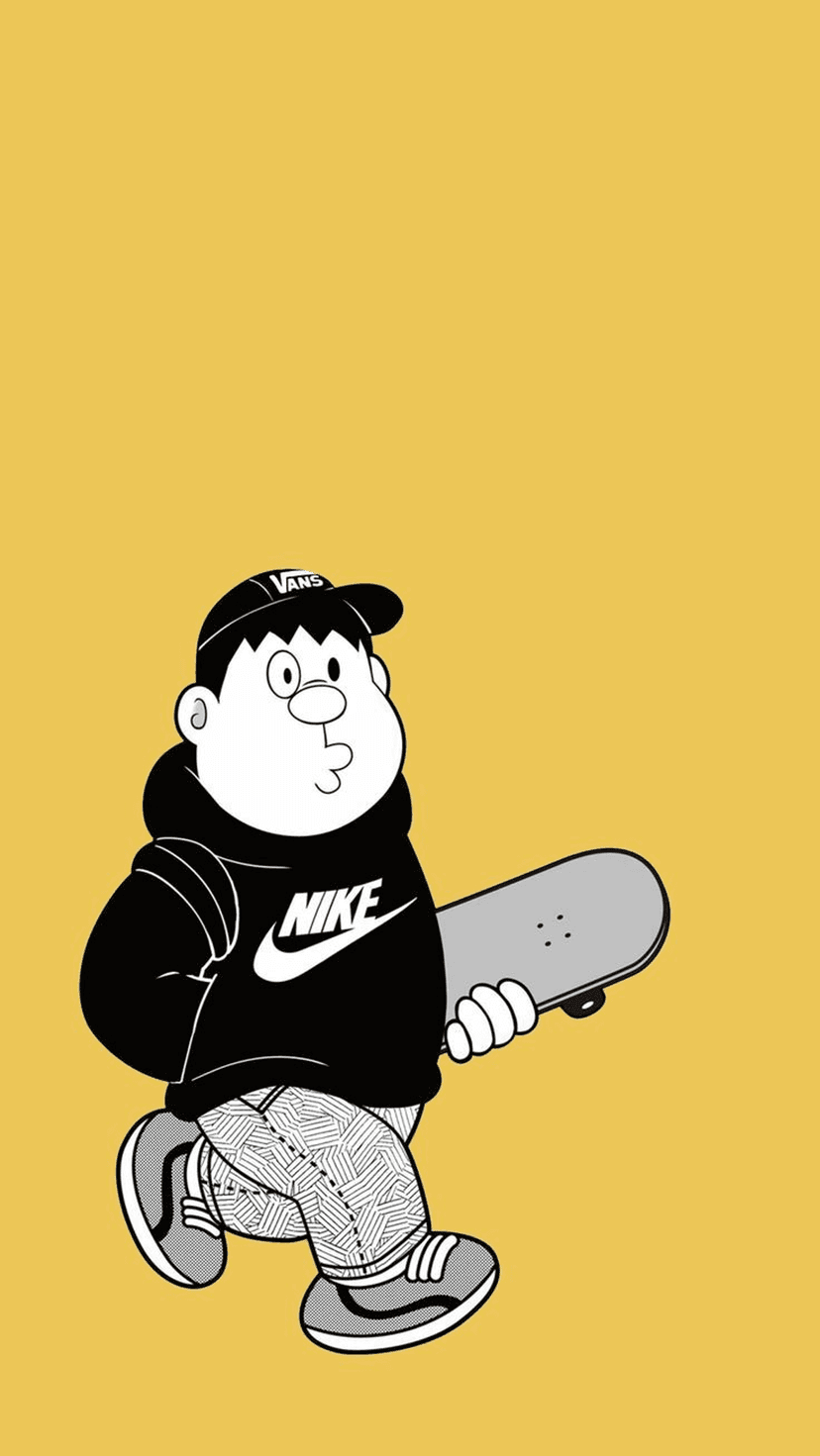 Suneo Honekawa wearing a black hoodie and cap holds a skateboard against a bright yellow background.