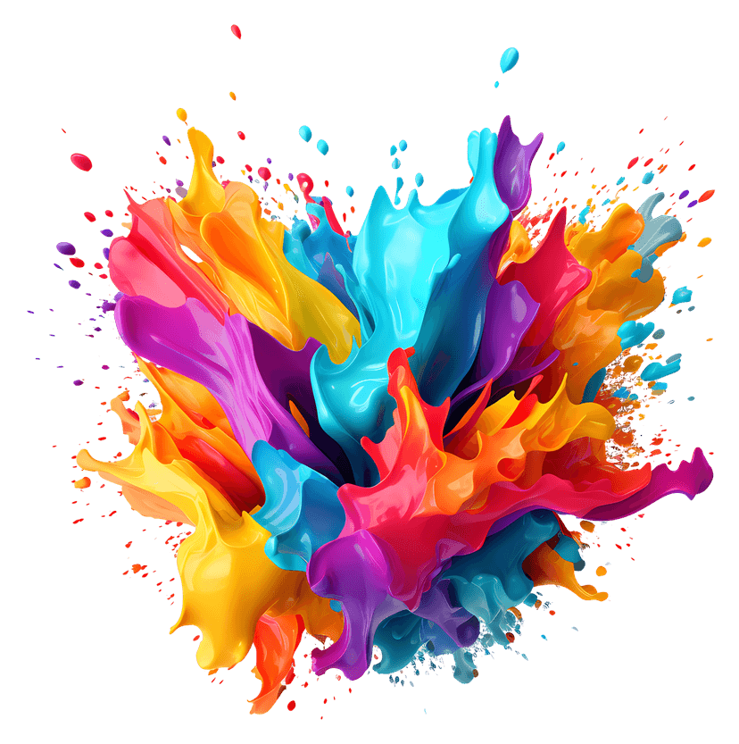 Multicolor paint splash explosion featuring vibrant acrylic droplets and fluid arcs on a transparent background.