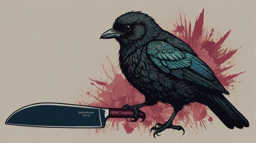 Raven with iridescent feathers perching on a silver knife blade surrounded by blood-red paint splatters.