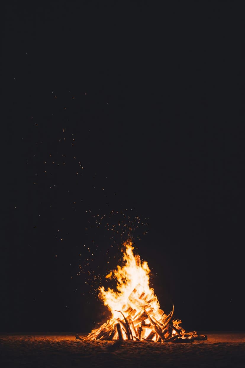 Bright orange bonfire flames and glowing embers rising into a pitch-black night sky with charred wood logs.