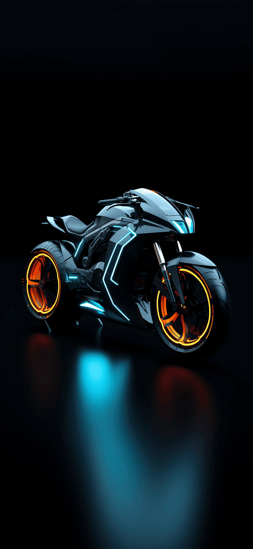 Futuristic black motorcycle with glowing blue rims and orange accents against a dark high-tech background.