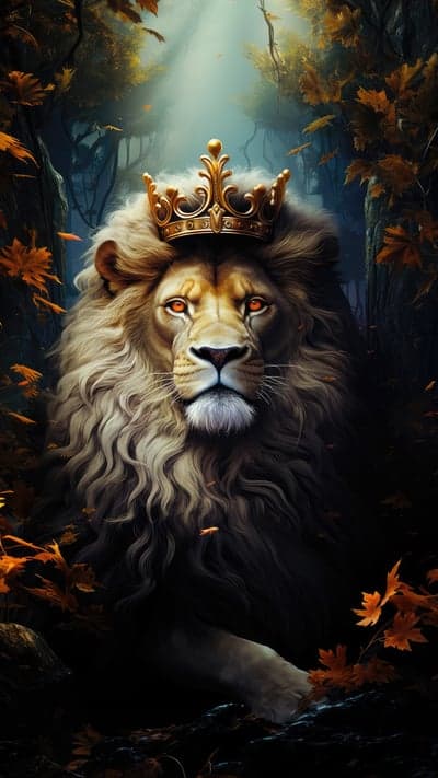 Crowned Lion King in Misty Autumn Forest Mobile Wallpaper