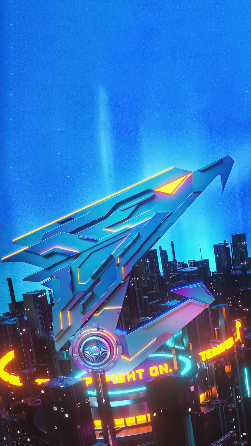 Stylized AORUS eagle head logo glowing in blue and orange above a neon-lit cyberpunk city under a starry sky.