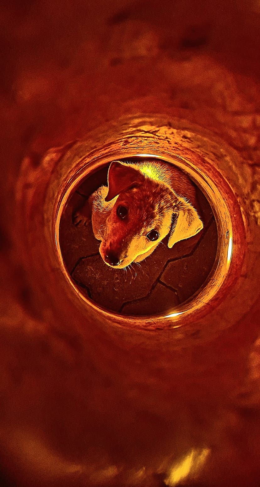 Puppy with wide eyes peeks upward from the end of a dark reddish pipe illuminated by warm dramatic light.