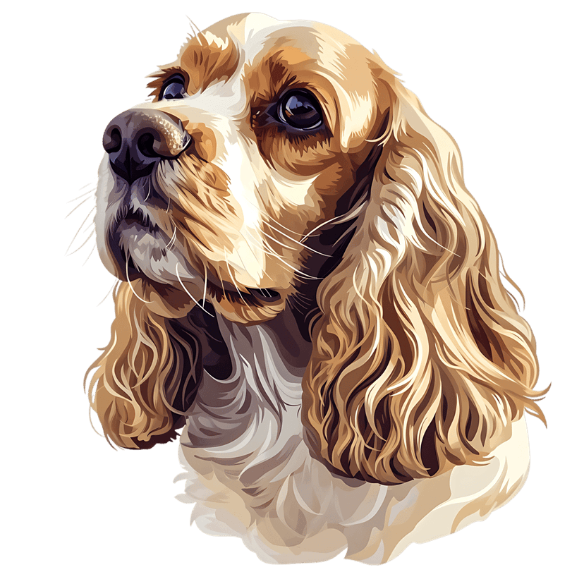 Cocker Spaniel dog portrait featuring golden white fur and upward gaze with long wavy ears on black background.