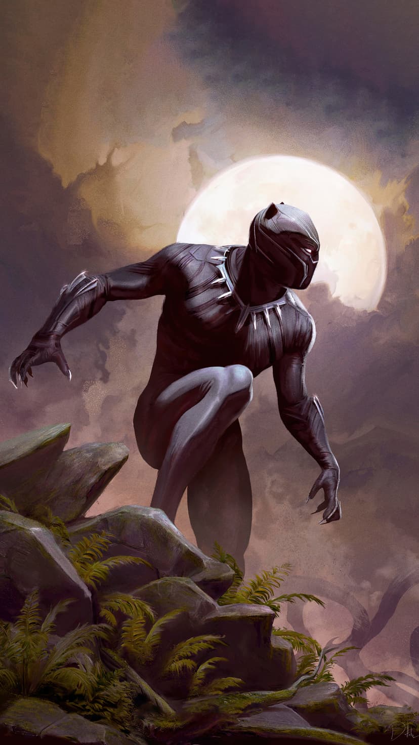Black Panther crouches on a rocky ledge with green ferns under a large, glowing white full moon at night.
