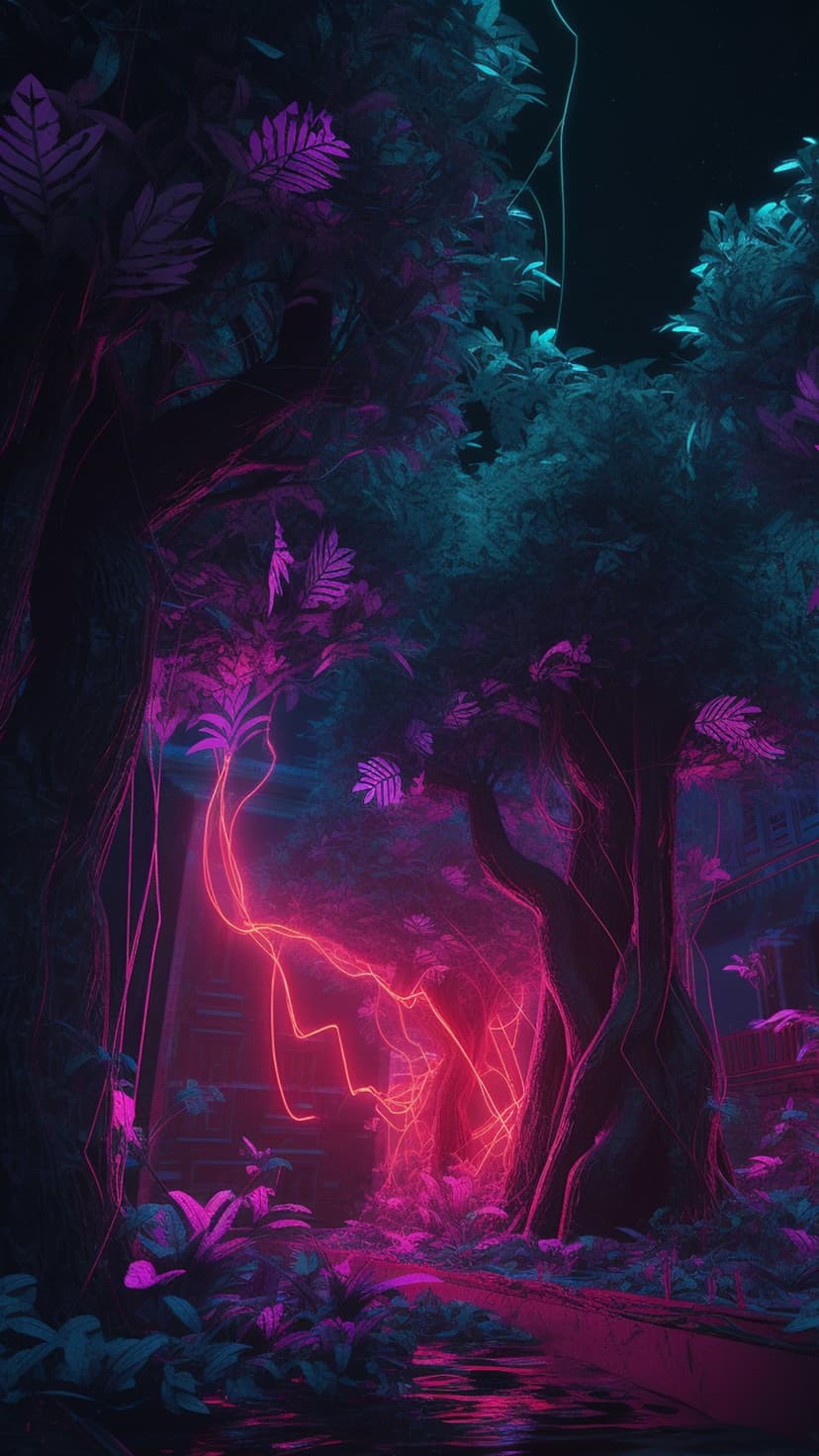 Bioluminescent jungle plants with glowing pink leaves and turquoise vines in a dark, misty forest setting.