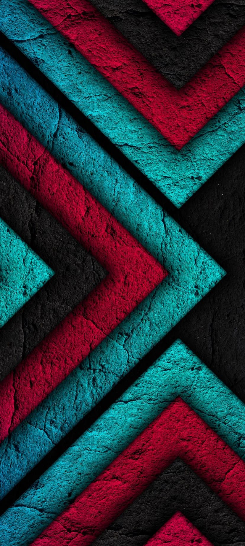 Red and teal interlocking arrows display a heavy cracked texture and sharp geometric edges in a vertical layout.