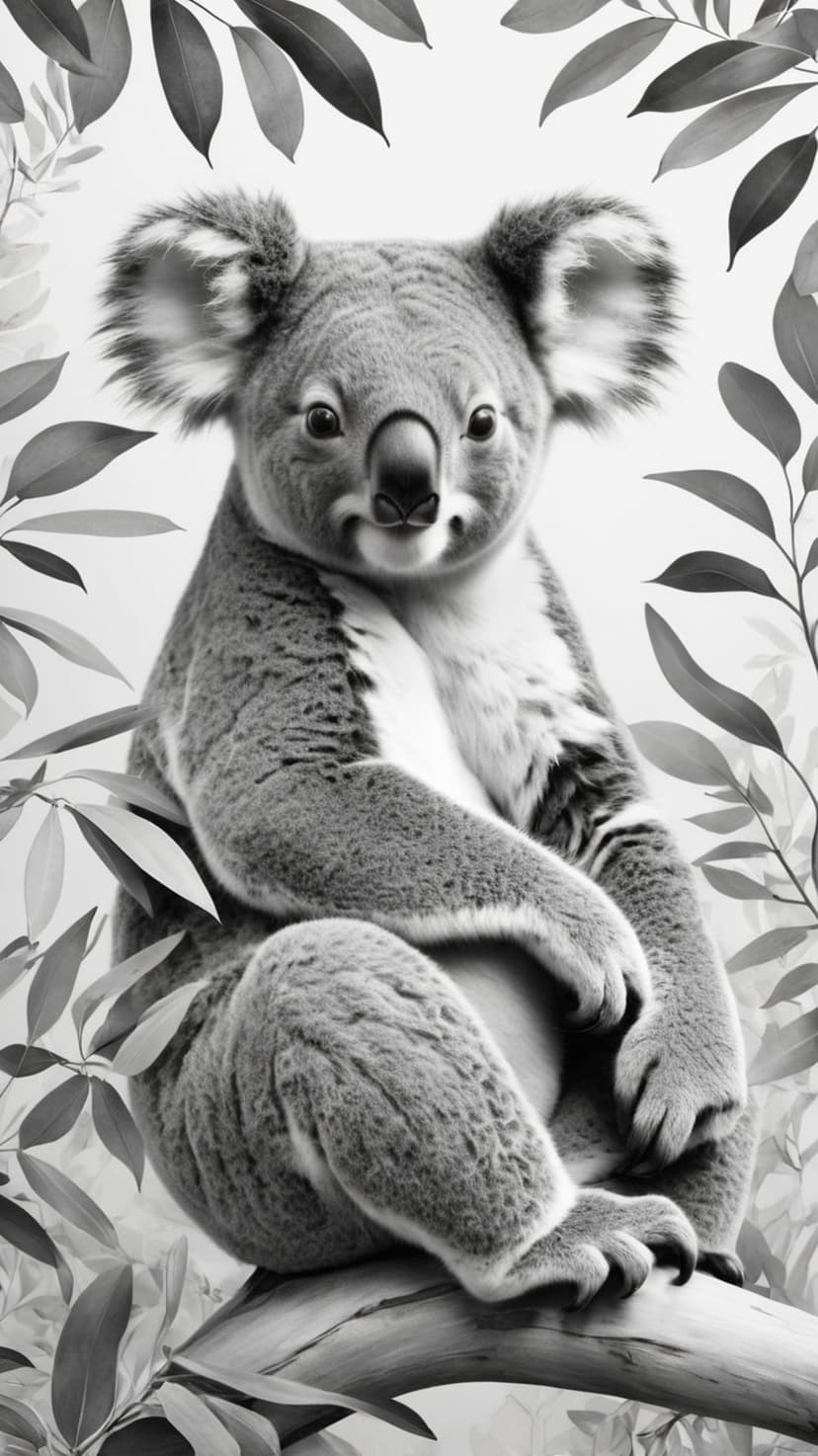 Koala with soft fur perched on a eucalyptus branch surrounded by leaves in a high-contrast black and white style.