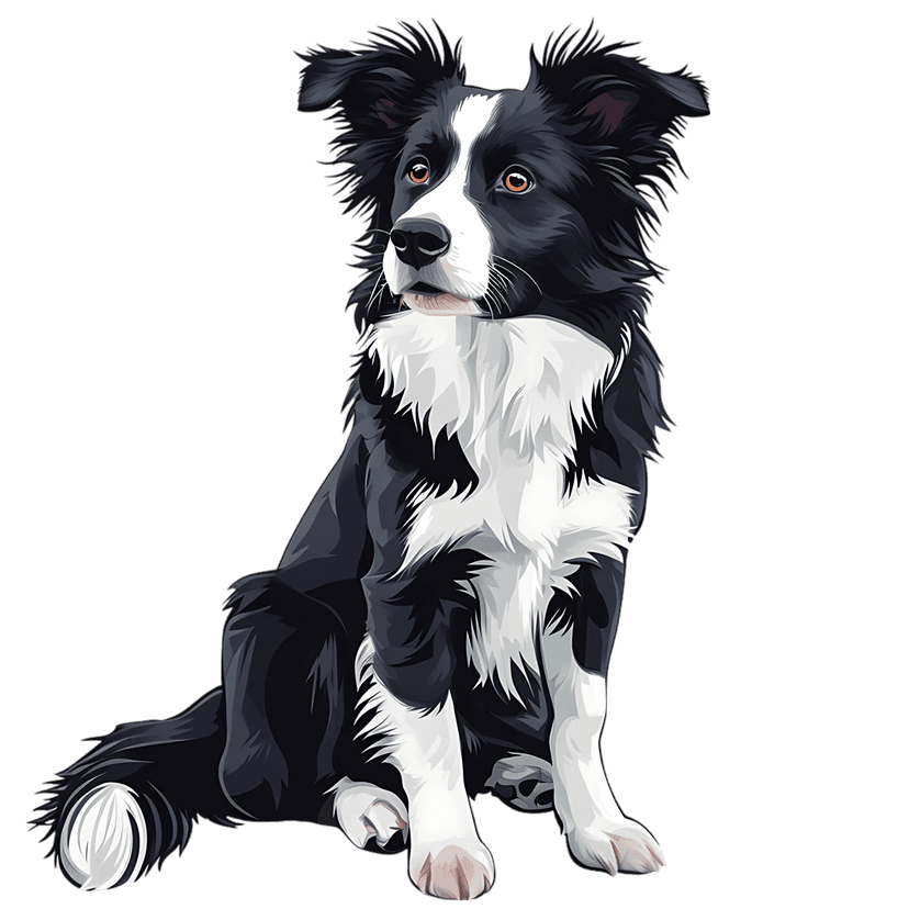 Border collie dog portrait shows a sitting black and white canine with amber eyes and detailed fur textures.