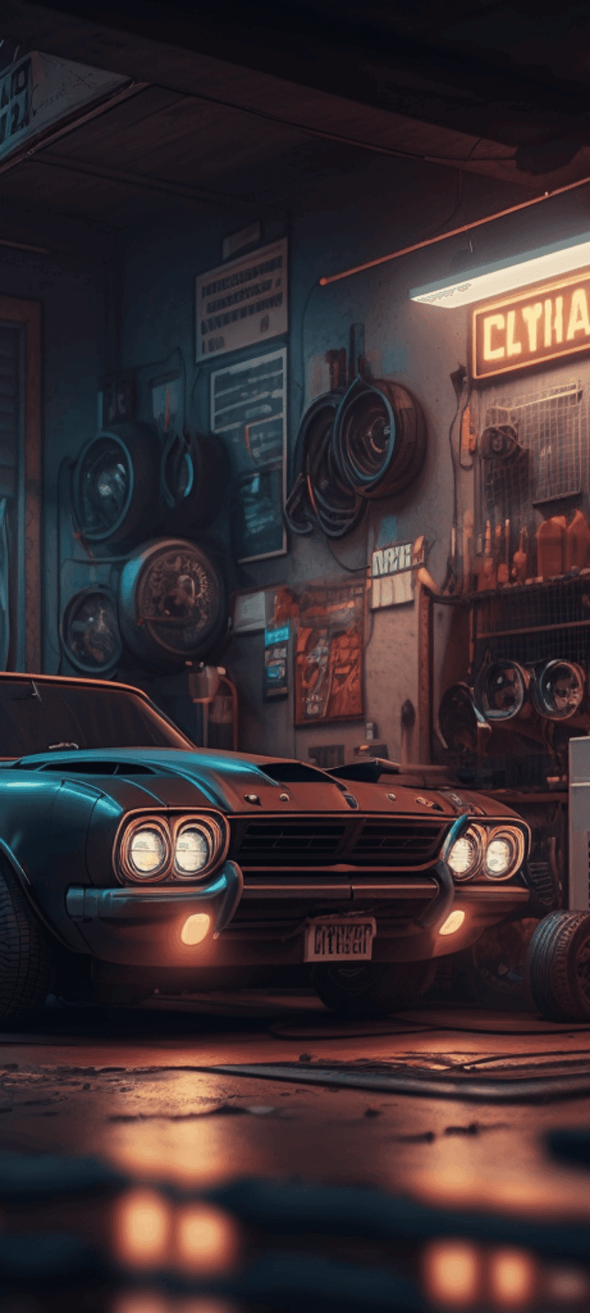 Classic muscle car with glowing headlights parked in a dark garage featuring neon signs and mechanical tools.