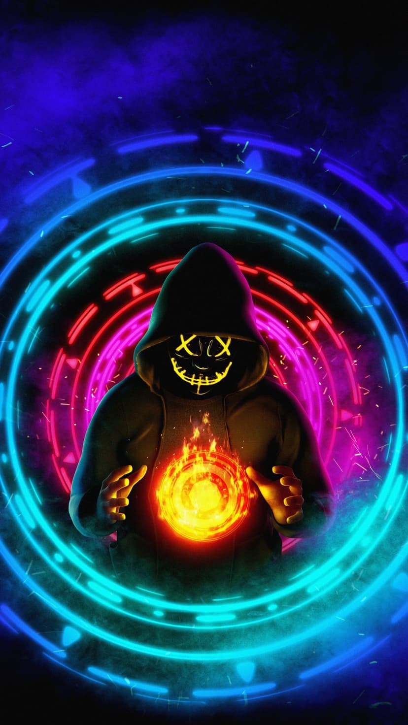 Masked figure in a black hoodie holds a glowing orange orb surrounded by blue and pink neon rings in the dark.