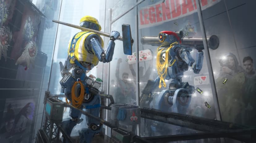 Robot window washer in a yellow vest looking at a heroic version of himself through glass with fans.