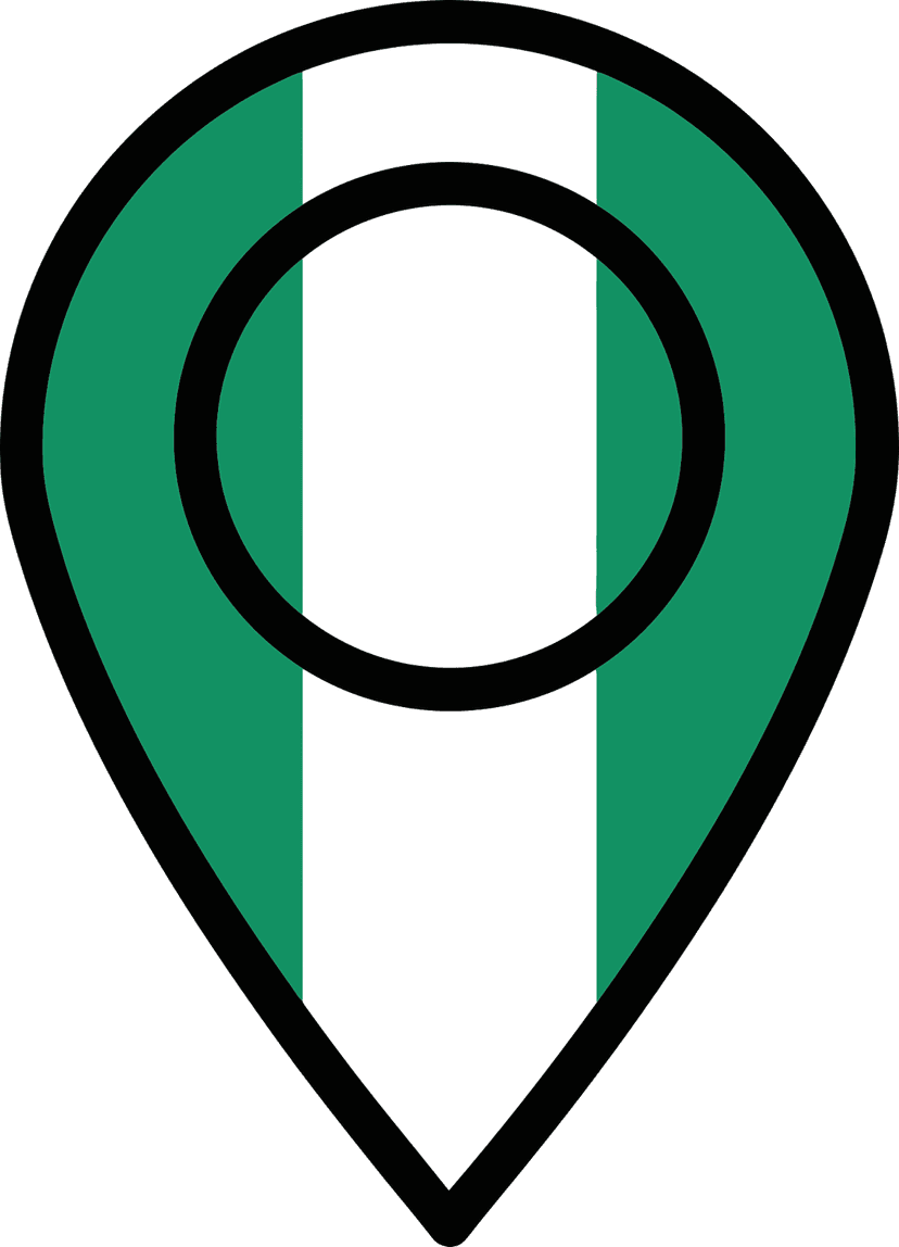 Nigeria flag location pin featuring green and white vertical stripes within a bold black teardrop map marker.